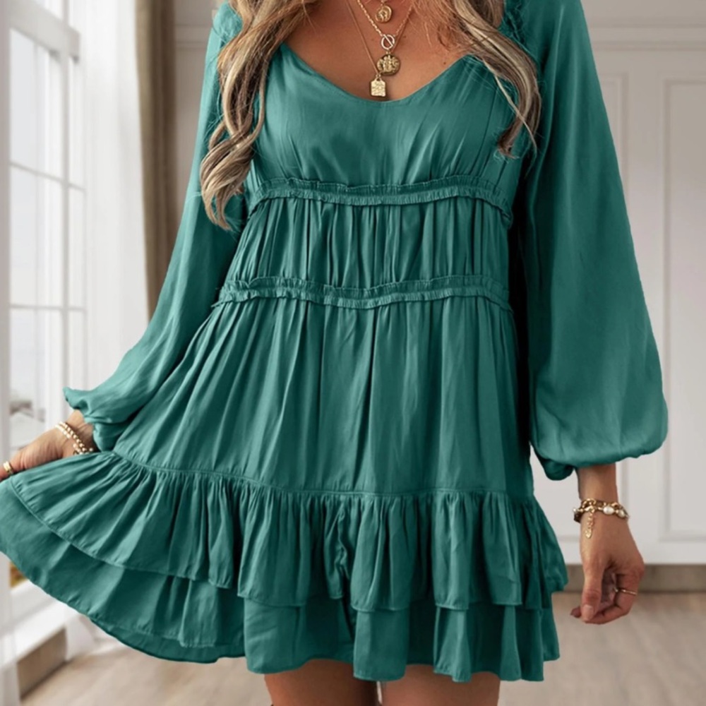 Teal Long Sleeve Ruffle Dress